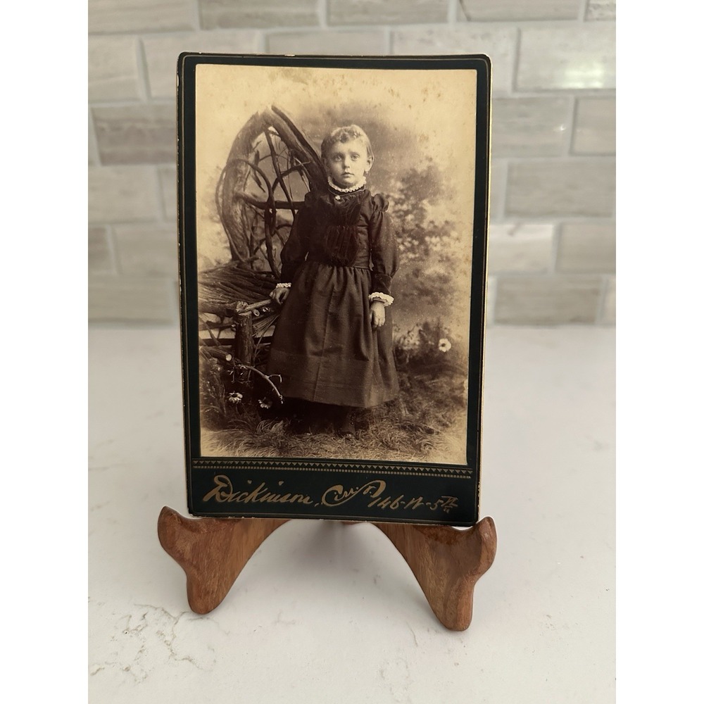 Antique Black & Sepia Original Photograph of a Little Girl and‎ Wooden Stand 4x6